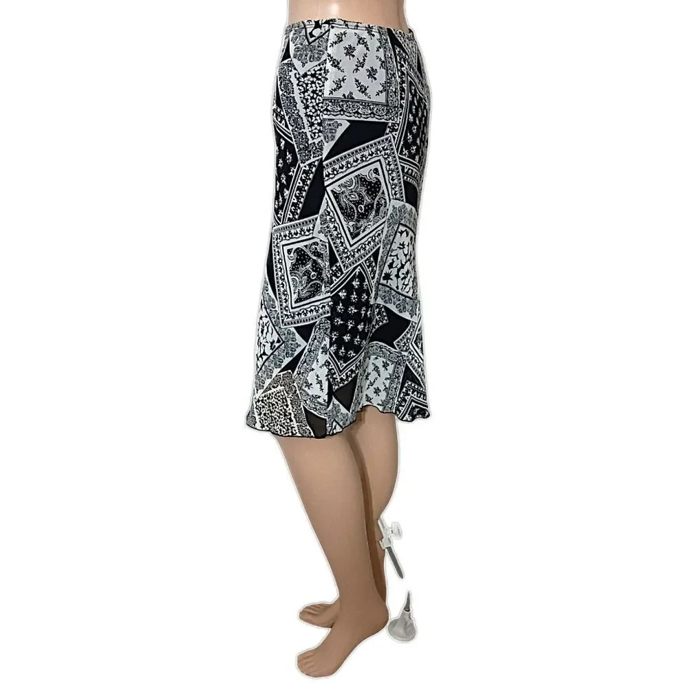 Y2K Patchwork Print Midi Skirt Sz S Sheer Overlay Lettuce Hem‎ Bohemian Grunge